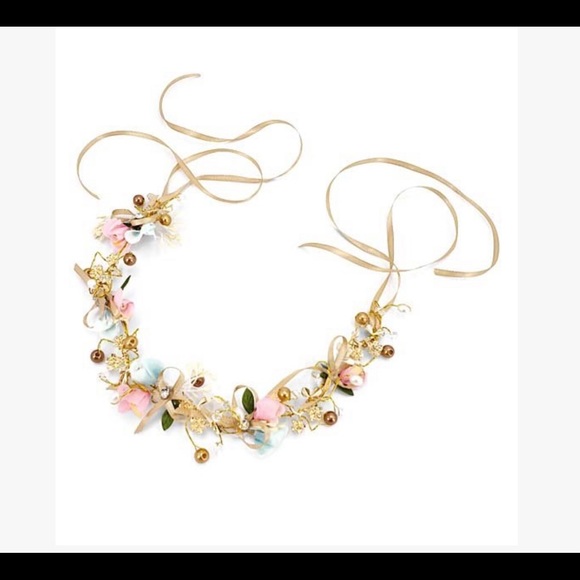 Ella & Elly Pink & Gold Beaded Ribbon Flower Crown NWT - Picture 1 of 2
